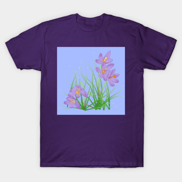 Crocus Flowers on Light Blue T-Shirt by ArtticArlo